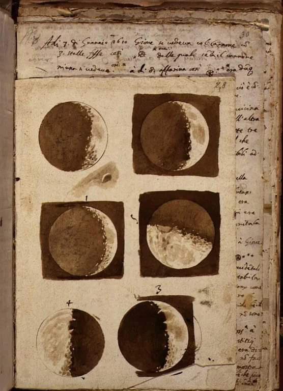 First ever drawings of the moon made by Galileo Galilei after observing it through his telescope in 1609.