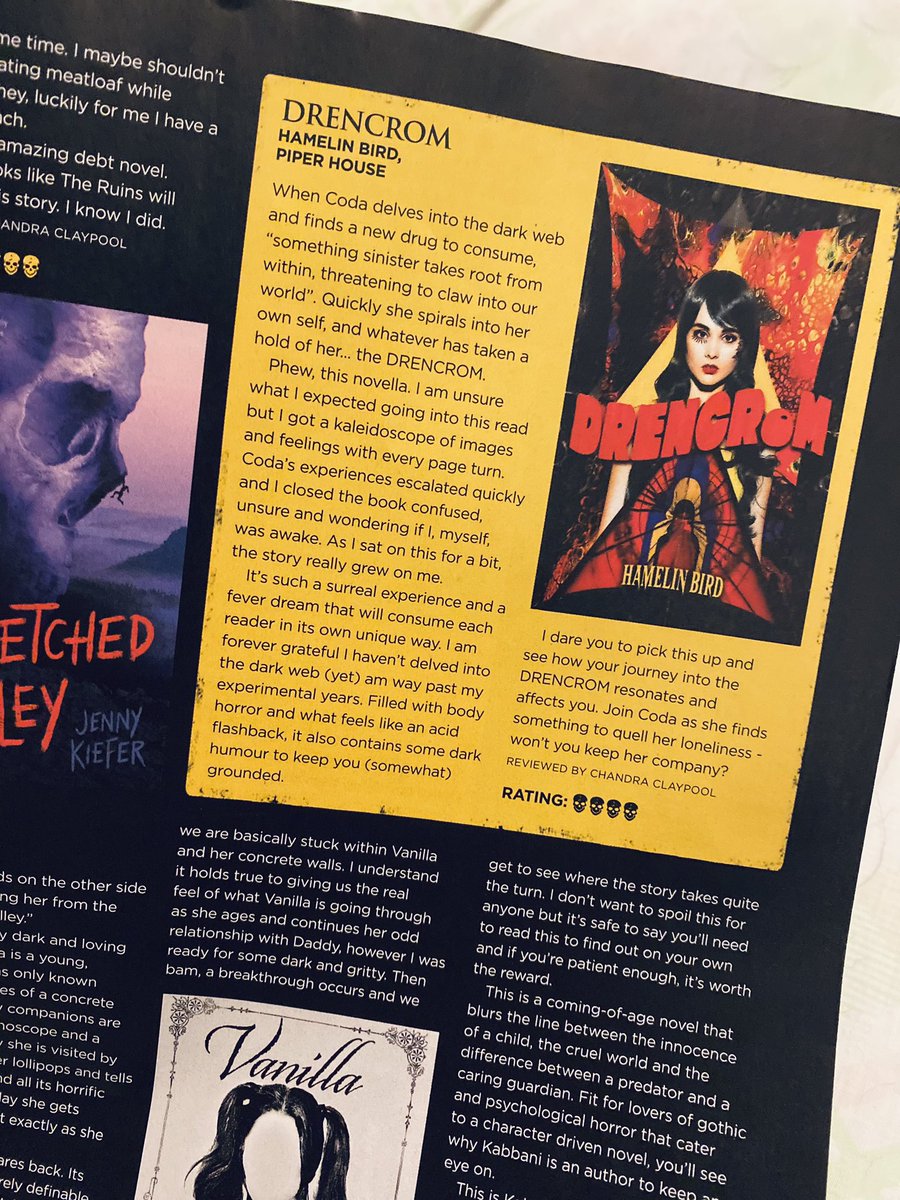 Over the moon to have my psychedelic horror novella DRENCRoM reviewed in @ScreamHorrorMag !! (Alongside such stellar fellow talent 🤌)💫