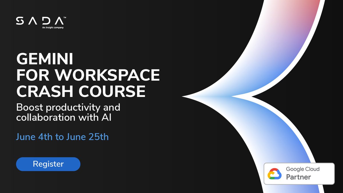 Unlock the power of #GenAI with us & transform the way you work! 🦾 Join SADA’s #Gemini for @GoogleWorkspace Crash Course.⚡️#generativeAI #GoogleWorkspace Sign up & get access to #AI insights every Monday starting June 4 through June 25. ow.ly/JoFS50REIU6