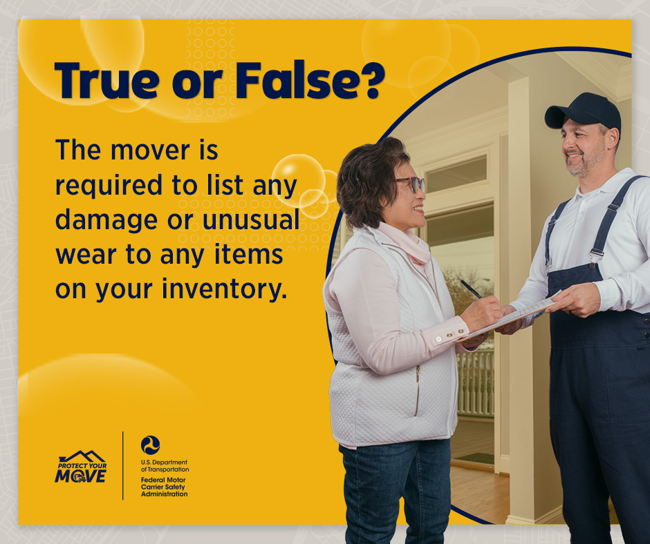 FMCSA's tweet image. Planning for a move across state lines? Check your knowledge: Is your interstate mover legally liable for loss or damages that occur during the move?
Find the answer -  fmcsa.dot.gov/movingtruefals…. #NationalMovingMonth #ProtectYourMove #FMCSA