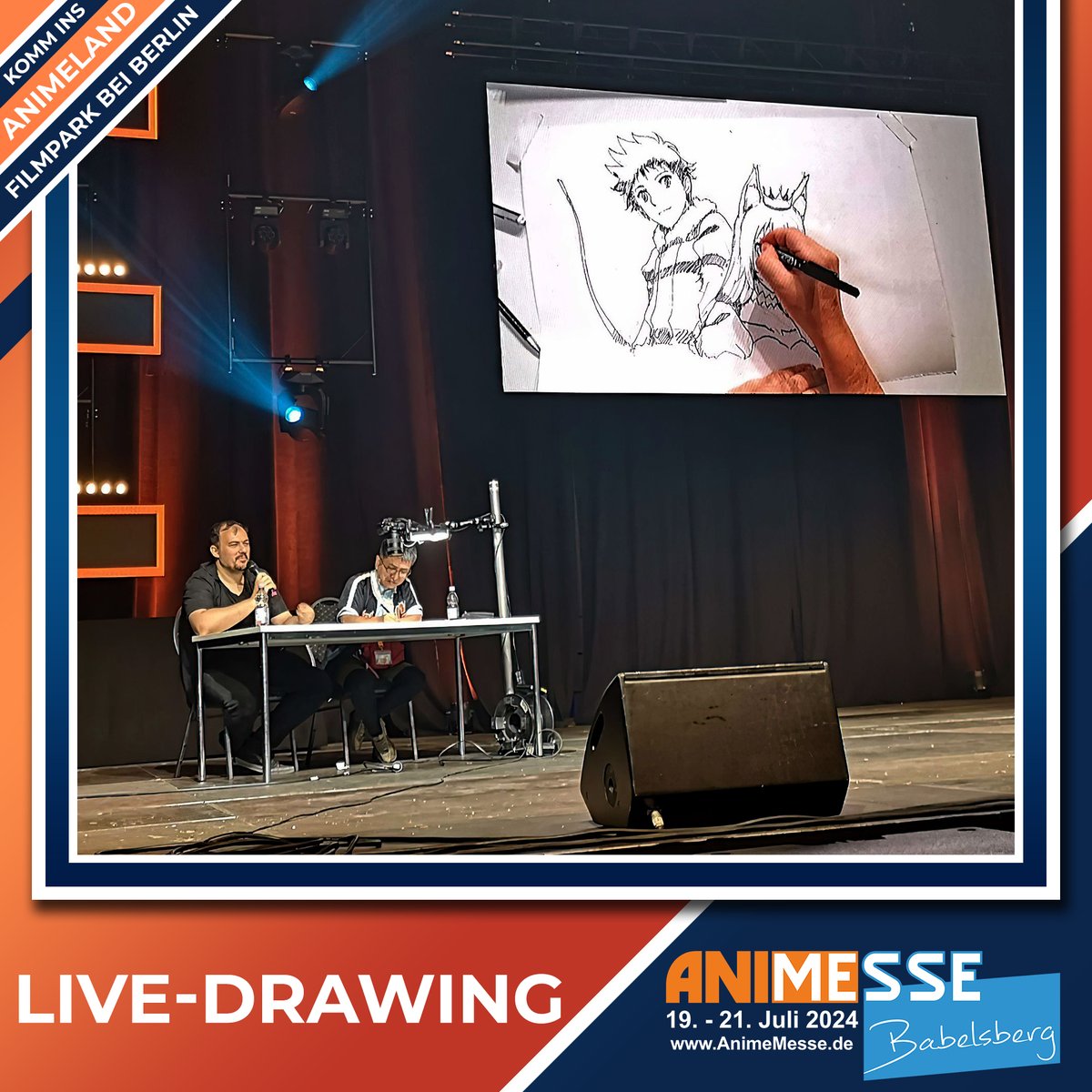 🎌🌸 Erlebt die Magie des Anime! Seht zu, wie japanische Künstler live ihre Kunstwerke schaffen. Besucht uns im #Animeland vom 19. bis 21. Juli bei Berlin. Hier ein Bild vom Live-Drawing 2023 mit Regisseur Yuichi Nakazawa von 'A Playthrough of a Certain Dude's VRMMO Life'. 🎨✨