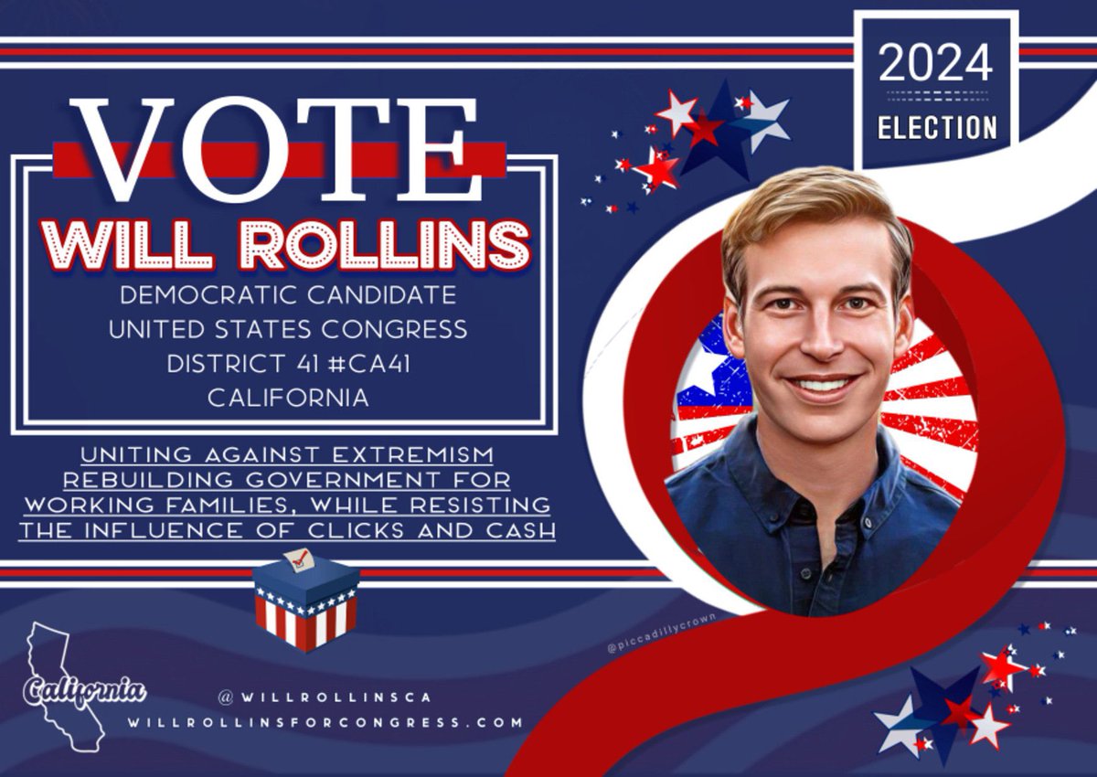 Support & Vote Democrat Will Rollins for Congress CA-41 Water Seniors Climate LGBTQ+ Education Gun Safety Healthcare Immigration Voting Rights Infrastructure Abortion rights Working families 🔴 @WillRollinsCA willrollinsforcongress.com #ProudBlue #allied4dems