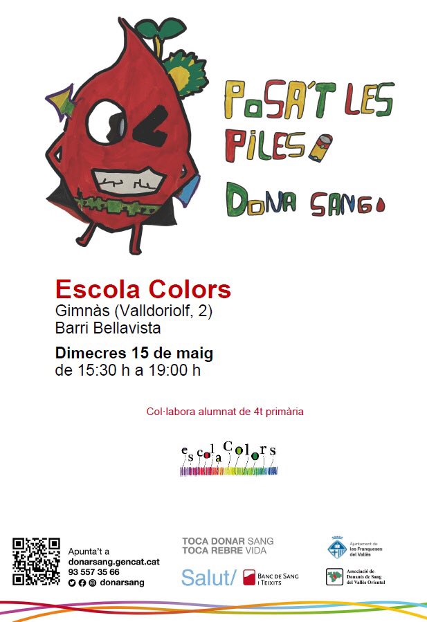 EscolaColors1's tweet photo. Vine demà dimecres a donar sang a l'escola Colors de 15.30h a 19.00h! L'alumnat de 4t col·labora amb el banc de sang @donarsang. Apunta't aquí: https://t.co/G1amKrTW3k https://t.co/C8cp8TTznK