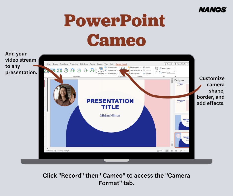 adNETtechnology's tweet image. Introducing Cameo – the secret to impactful #PowerPoint presentations! Easily insert your video stream into your slides for a live presentation or go to the “Record” tab to record your presentation. #Cameo #Nanos #Microsoft