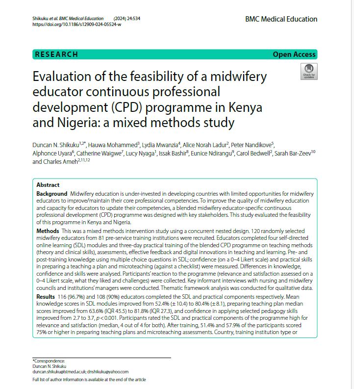 Our work on the first #Midwifery Educator Faculty Development Programme by @LSTMnews has been published. Midwifery educators from #Kenya & #Nigeria found the programme educative, relevant & feasible @acameh @UNFPA @world_midwives @NCKenya @Kmtc_official bmcmededuc.biomedcentral.com/articles/10.11…
