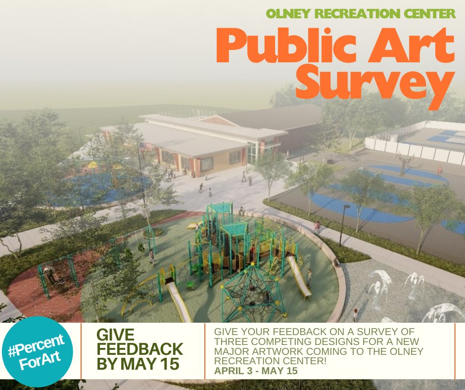 Tomorrow, May 15, is the final day to vote on the #PublicArt coming to the Olney Recreation Center!  

View each potential design & cast your vote here: bit.ly/4bdWgmU  

#RebuildPHL #Mural #PercentForArt