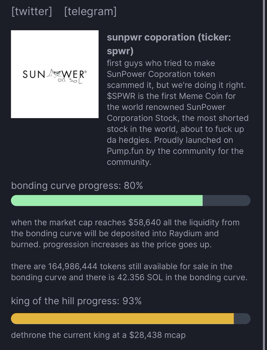 this pretty much exact pump fun i was looking for:

sunpower meme with potential, highest risk shit i could probably post.

if it makes to radiyum we’re out of this world

9djZgToBtFRkNVvMxpWv3rpegCiutDoc8TeeQeXdFJwM