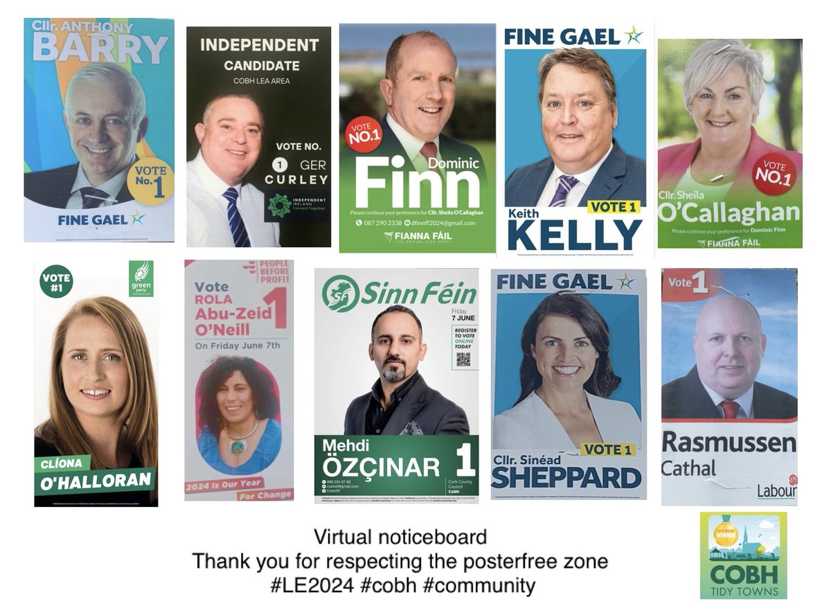 Thank you to the CobhMD #LE24 candidates below for respecting the long standing posterfree zone. We share a virtual Noticeboard of them. We ask the 2 candidates who have erected a large volume of posters to remove them and respect the request. #cobh #posterfreezone #tidytowns