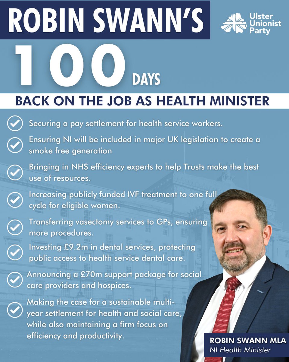 It's @RobinSwann_MLA's 101st day back as Health Minister. Here's just a few ways Robin has delivered for our Health Service in the past 100 days. #makeNIwork