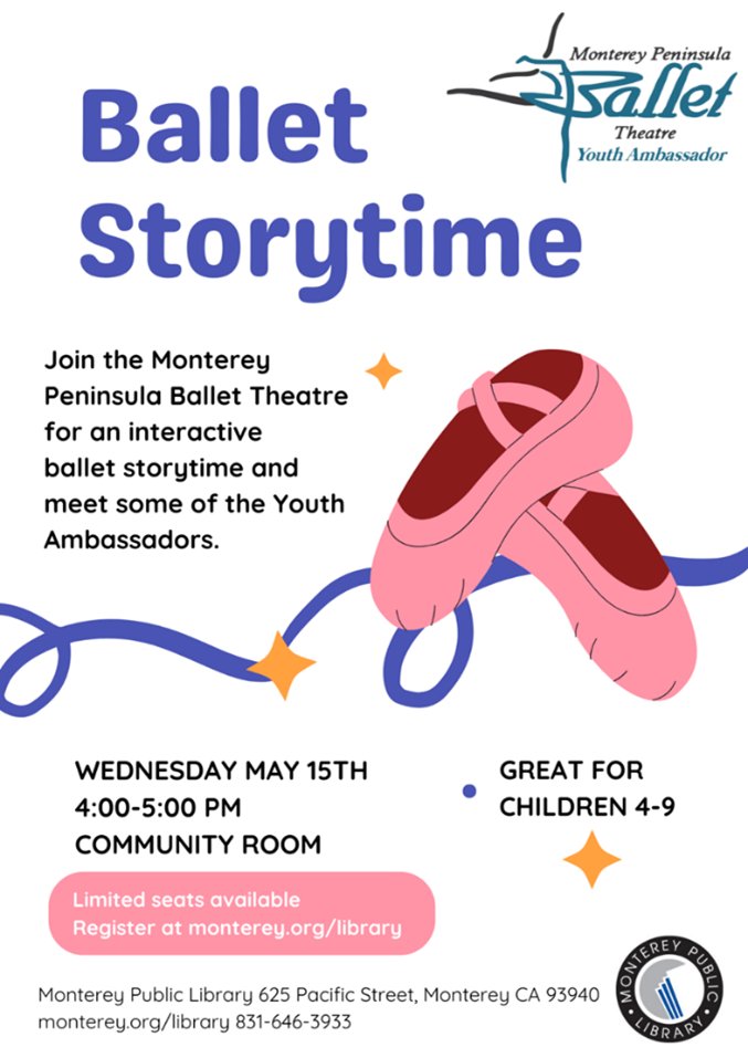 On May 15th, treat your little ones to a magical journey through the world of ballet with Ballet Storytime, hosted by Monterey Peninsula Ballet. Perfect for children ages 4-9, this enchanting event combines storytelling with the grace and beauty of ballet.