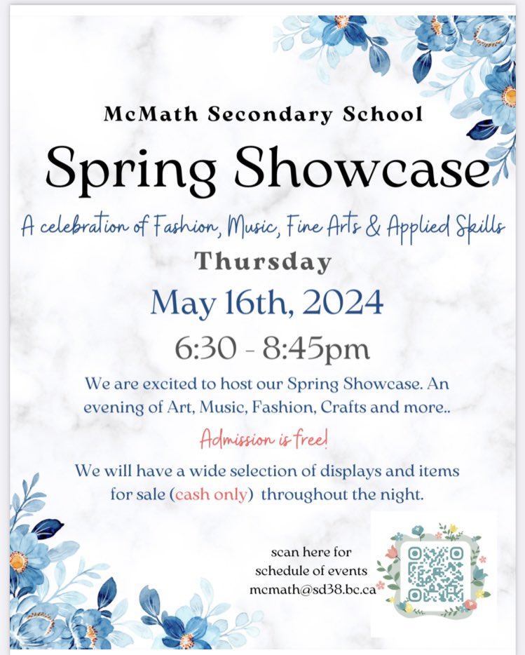 Don’t forget to come out to our McMath Spring Showcase on May 16th at 6:30pm! mcmath.sd38.bc.ca/news/2024/05/m…
#fashionshow 
#dance
#finearts
#appliedskills
#businessed
#teched
#carclubbakesale
#drama
#photography 
#drama
#music
#WildcatTalent
#McMathPRIDE @SD38Arts @RichmondSD38
