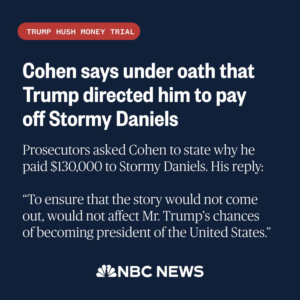 The prosecution asked Michael Cohen to state at whose direction he paid Stormy Daniels. 'Trump's,' he replied. Live updates: nbcnews.to/3UAKBrg