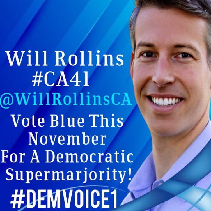 Let's Vote Will Rollins, Democrat & honest leader for Congress CA-41 Water Seniors Climate LGBTQ+ Education Gun Safety Healthcare Immigration Voting Rights Infrastructure Abortion rights Working families 🔷@WillRollinsCA 🔷willrollinsforcongress.com #ProudBlue #allied4dems