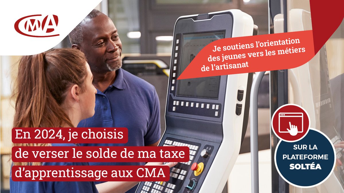 📅Dès le 27 mai, les entreprises sont appelées à désigner le bénéficiaire de leur choix pour verser leur solde de la taxe d'#apprentissage.

Choisir les #CMA, c'est soutenir :
🔺la formation de 112 500 apprentis par an
🔺l'insertion professionnelle des jeunes

#CMAFormation