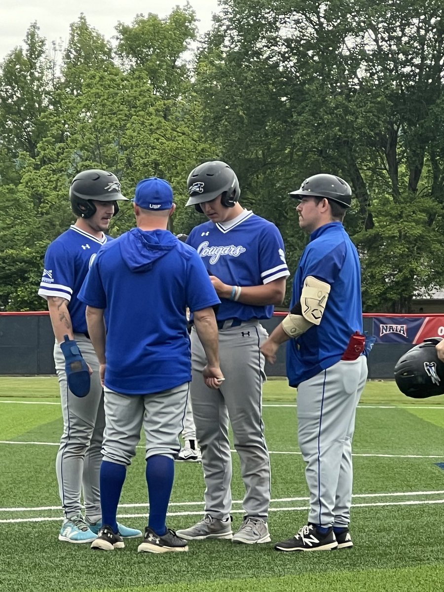 University of St Francis Baseball wins 6 to 4 over Bellevue (NE). Earning the first ever post season win in school history. Cougars now play at 4pm against Park University (MO). #RollCougs🐾🐾 #NotDoneYet
