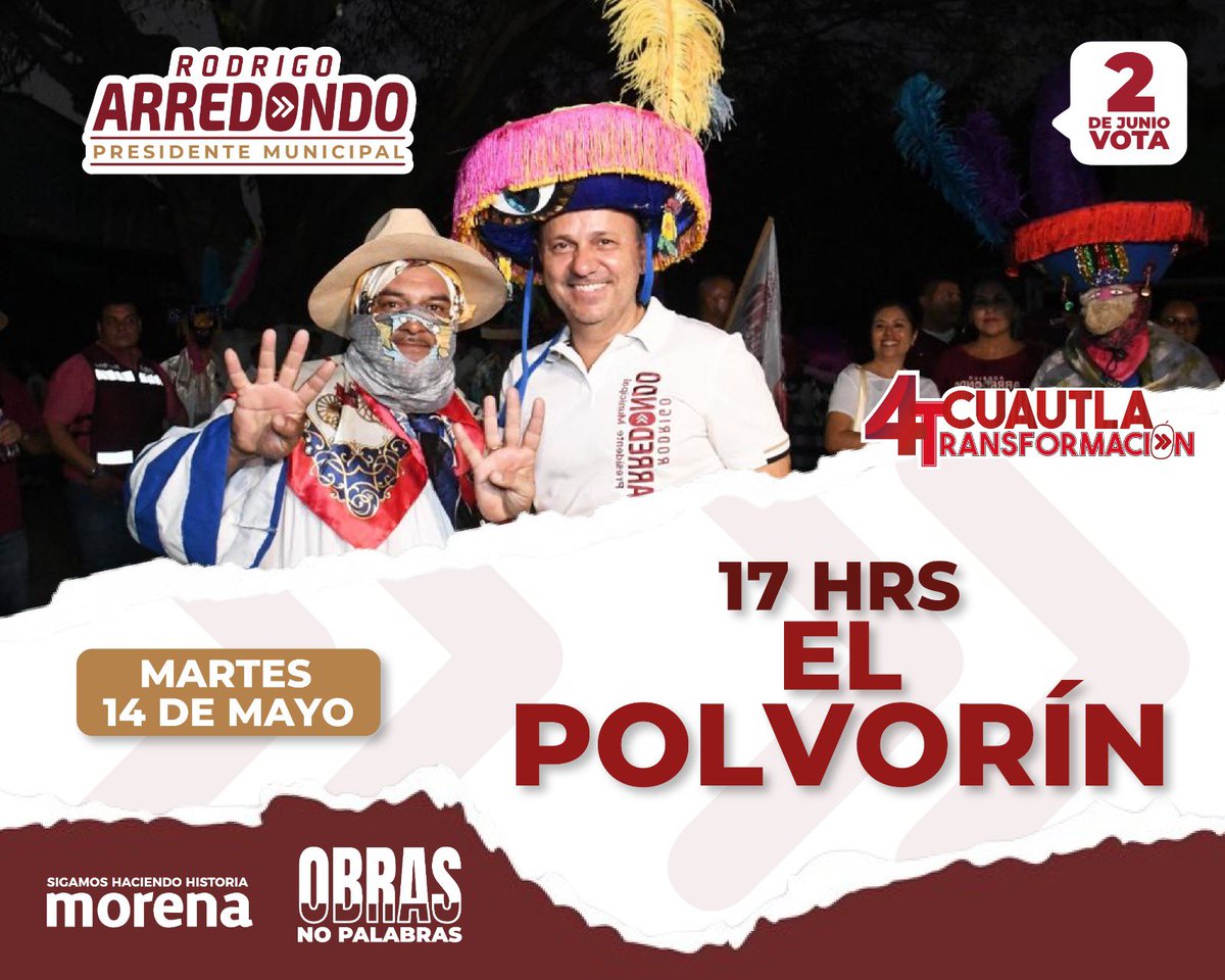 Seguimos con la transformación en Cuautla, nos vemos hoy martes 🗓️ 14 de mayo a las 5 pm en la 📍Colonia Polvorín. Acudan con toda su familia y entérense de las propuestas que tenemos. ¡Allá nos vemos! 👋 

#Elecciones2024 #RodrigoArredondo #CuautlaTransformación