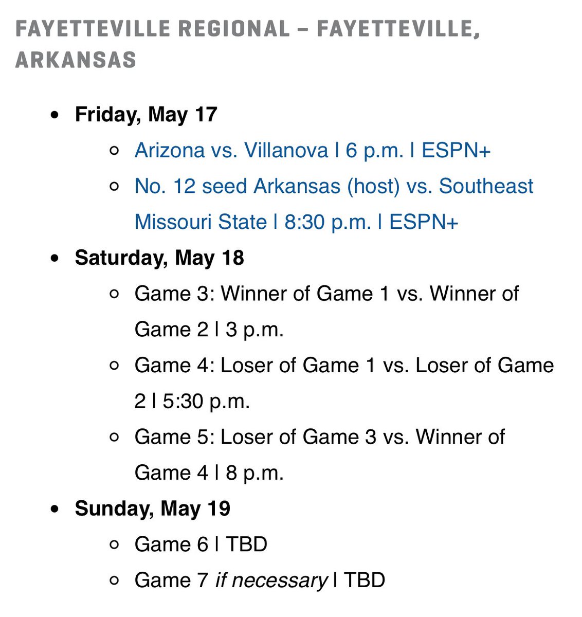 More game times for the Fayetteville Regional at Bogle! If Arkansas wins on Friday they’ll play at 2pm CT on Saturday. (Bracket below in ET)