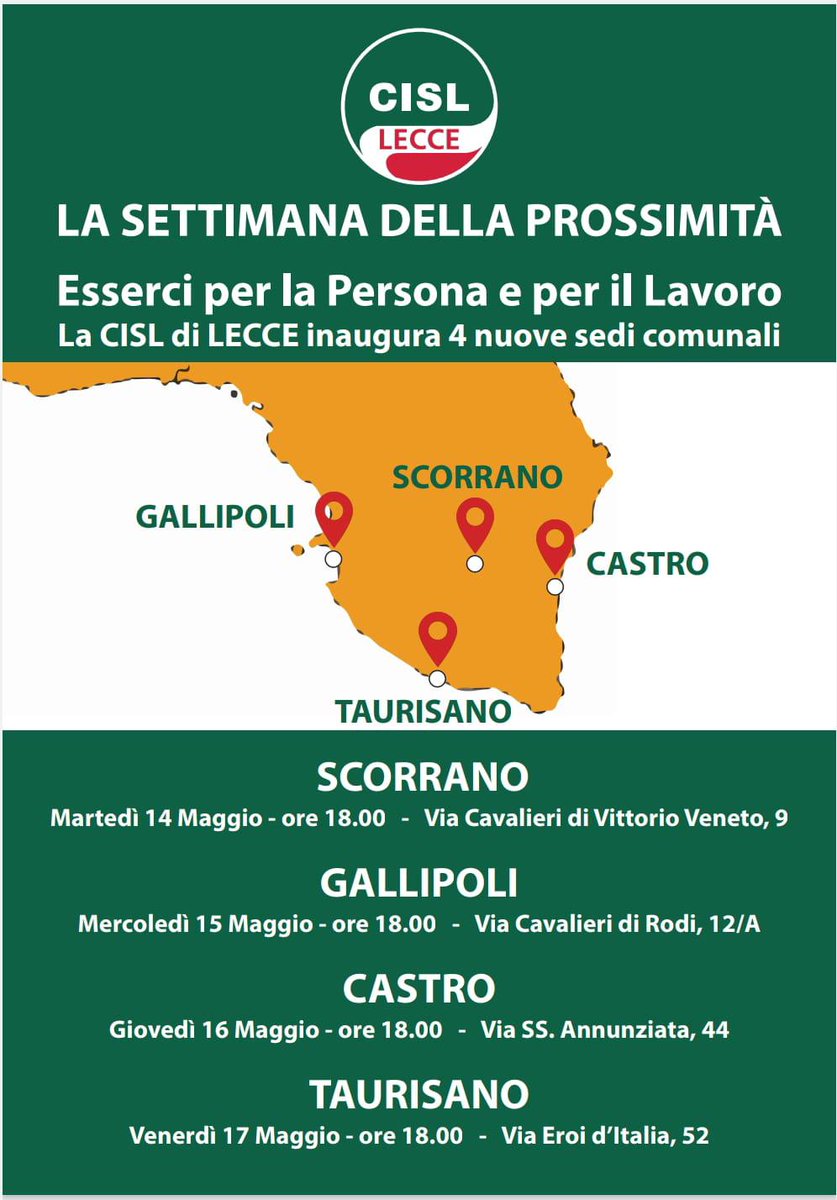 #14maggio Proseguiamo nel percorso di rafforzamento della nostra rete territoriale con l’inaugurazione della nuova sede della #Cisl di #Scorrano. Una struttura più funzionale all’accoglienza dei tanti lavoratori e cittadini che a noi si affidano. Per garantire #presenza e #tutele