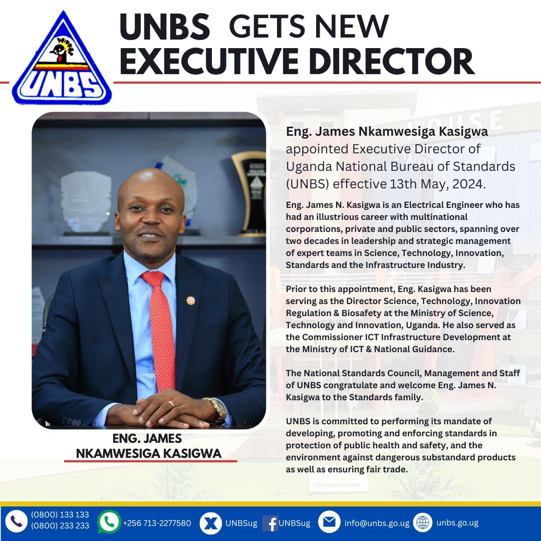 On behalf of the Uganda Manufacturers Association @newsUMA, I wish to congratulate Eng. James Nkamwesiga Kasigwa upon your appointment as the Executive Director @UNBSug Looking forward to working with you to facilitate competitiveness of manufacturers in Uganda.