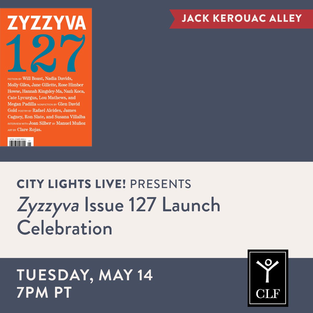 Join us this Tuesday to celebrate the latest issue of @zyzzyvamag with managing editor @ovillalon and readings by James Cagney, @rosehimber, and @hannah_kma: citylights.com/events/zyzzyva…     📍Jack Kerouac Alley, between City Lights and Vesuvio Cafe.