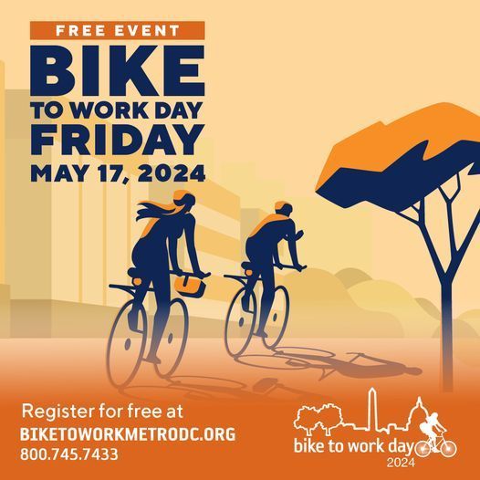 This Friday is @biketoworkday! Register for a chance to win a free bike. If you're working from home, still join in for free food and t-shirts at @thebikelane in #Reston & @townofviennava town green pit stops. #BTWD2024 #cyclingjoy