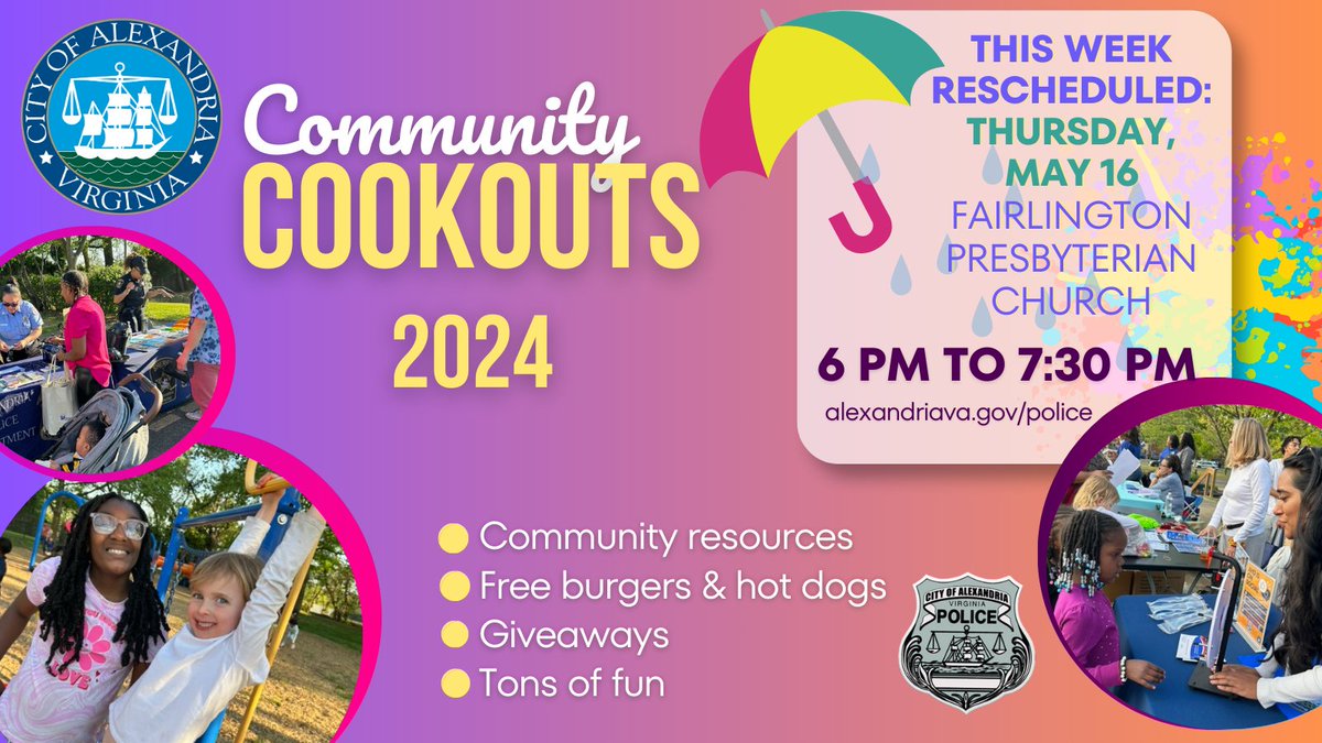 Forecast calls for rain on Wednesday, so we've moved this week's Community Cookout at @fairlingtonpres to Thursday! RT and invite a friend! Grillin is on for Thursday!