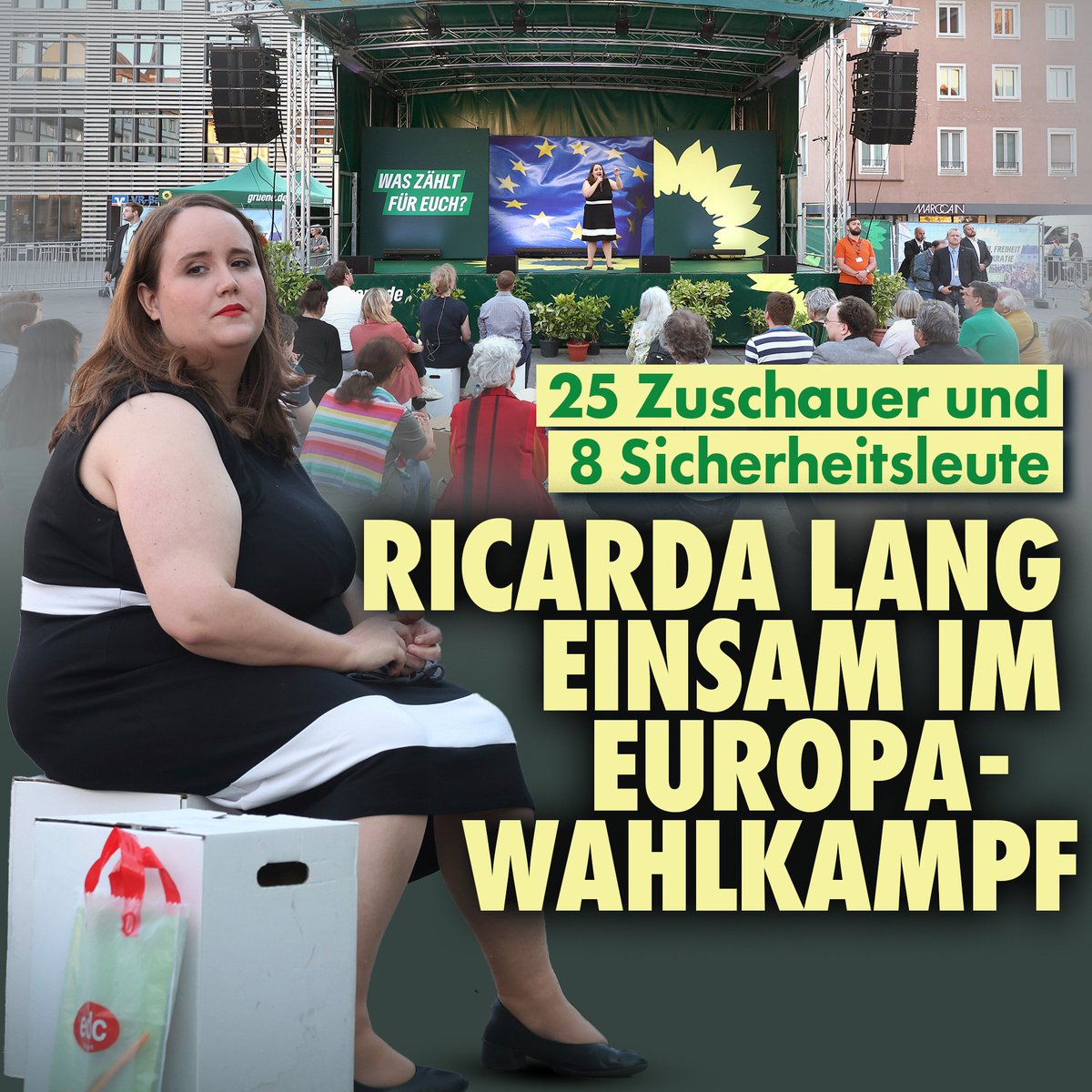 Das Interesse am Europa-Wahlkampf von Ricarda Lang fiel in Würzburg nicht üppig aus. Auf einem Foto sieht man acht Sicherheitsleute neben der Bühne, Ricarda Lang sowie 25 Zuschauer vor der Bühne.
nius.de/politik/25-zus…