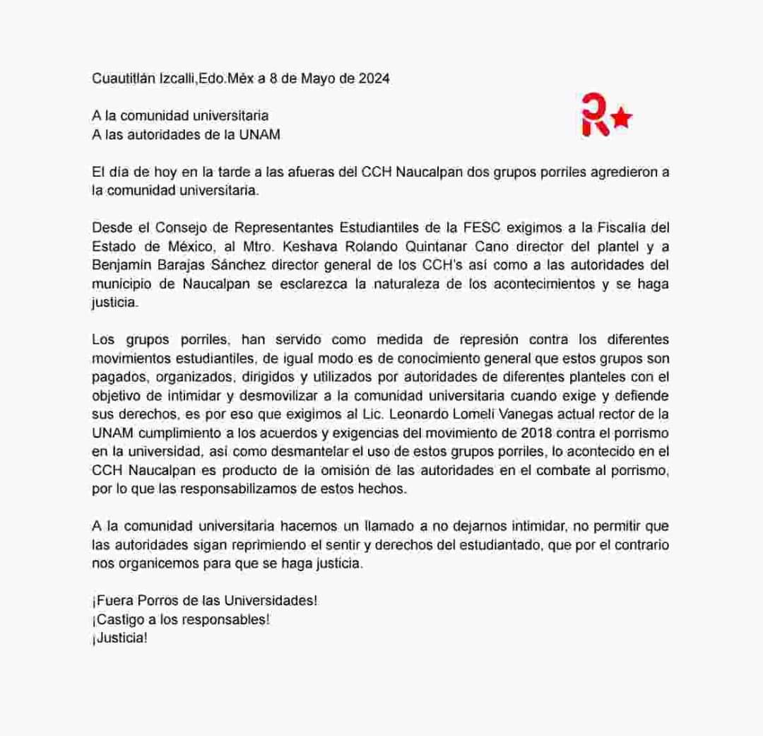Pronunciamiento ante los ataques porriles en #CCHNaucalpan 
Exigimos que se investiguen los nexos entre los grupos porriles y las autoridades universitarias y municipales.