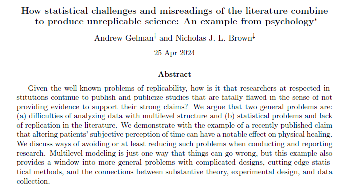 New preprint with Andrew Gelman @StatModeling: How statistical challenges and misreadings of the literature combine to produce unreplicable science: An example from psychology. osf.io/preprints/psya…