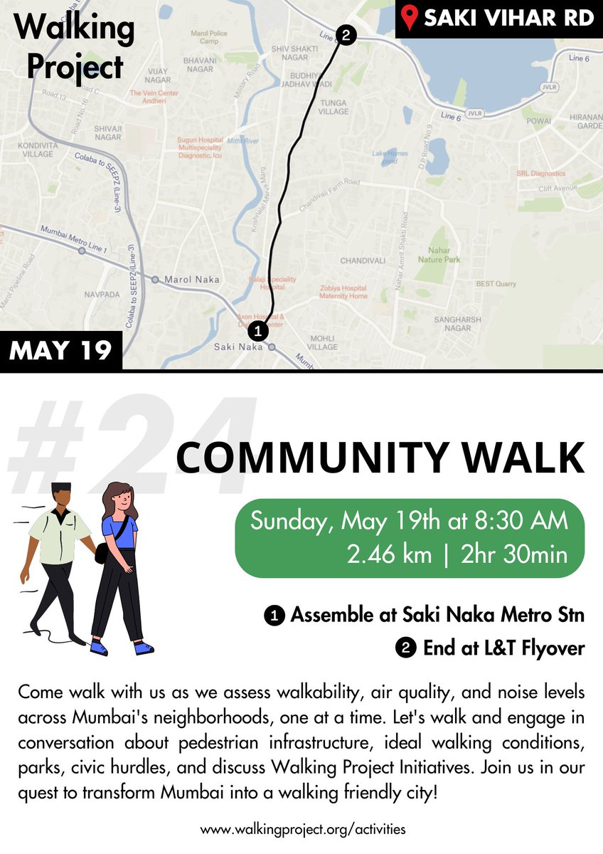 🔊 #CommunityWalk24 Announcement
📍 Saki Vihar Road
🔗 Register: buff.ly/3WJ0D50 

This is our last public community walk for a while. Will shift focus mostly towards analyzing the data, preparing a combined report & taking concrete actionable recommendations to the BMC