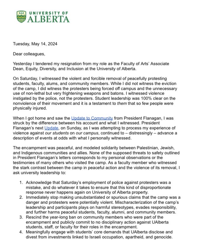 ProgressAlberta's tweet photo. Natalie Loveless, the associate dean of equity, diversity and inclusion at the University of Alberta, has resigned from that position over the violent sweep by police of a peaceful anti-genocide protest in the U of A quad. https://t.co/7TEfQuyw1H