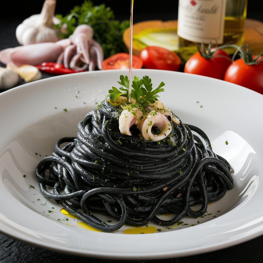 'Looking to add a unique twist to your pasta night? Try Squid Ink Pasta! This striking dish not only looks impressive but also offers a deliciously rich flavor. #SquidInkPasta #PastaNight #DeliciousDinner'