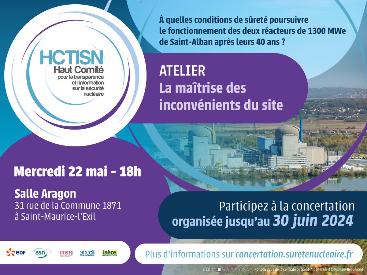 Le 22 mai, participez à l'atelier 2 'maîtrise des inconvénients' (dont des enjeux sur l’environnement) liés à l'exploitation du centre nucléaire de Saint-Alban Saint-Maurice l’Exil de 18h à 20h, à Saint Maurice l'Exil. Plus d'infos 👉‍facebook.com/events/1166329… #suretenucleaire