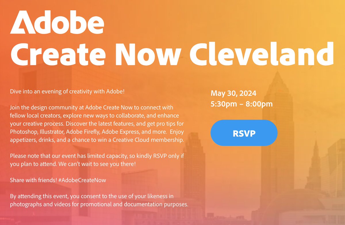 Create Now Cleveland, an evening of creativity with Adobe, May, 30, 2024, 5:30-8:30pm, The Madison, 4601 Payne Ave., Cleveland, OH 44103, RSVP (limited capacity), network/learn! event.adobe.com/createnowcleve… #AdobeCreateNow #aigacleveland #adobe#clevelanddigitalpublishingusersgroup