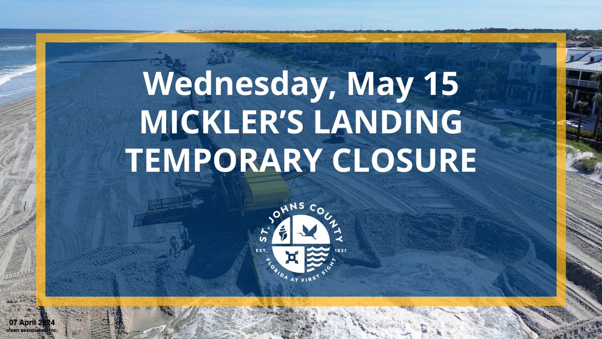 TOMORROW: Mickler’s Landing will be closed all day on Wednesday, May 15, to facilitate the delivery of equipment for the Ponte Vedra Beach Restoration Project. 🏖️ We appreciate your understanding and cooperation!

🌐 For more information, visit sjcfl.us/pvb #MYSJCFL