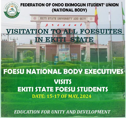 FoesuB's tweet photo. ```VISITATION TO ALL FOESUITES IN EKITI STATE  ``.  

     The analysis of the visitation goes thus: 
May 15 - FOESU FUOYE Chapter
May 16- FOESU EKSU and Federal Poly, Ado chapter 
May 17- FOESU IKERE chapter.
   
      ❣️❣️ https://t.co/Ikt4dkN9aN