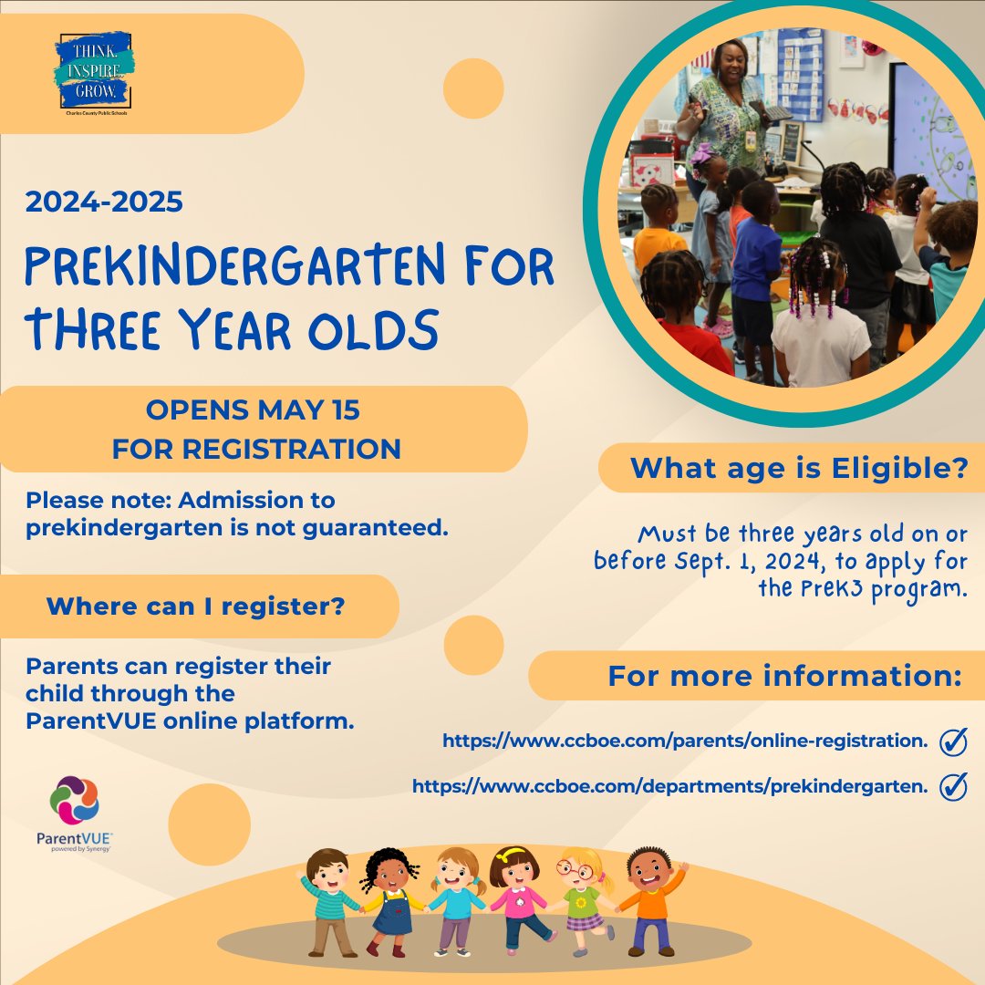 Starting with the 2024-25 school year, CCPS will offer additional space in its PreK program for three-year-old students. To be considered for a three-year-old PreK space, a child/family must meet eligibility requirements. For more info visit, bit.ly/3K7XoMR.