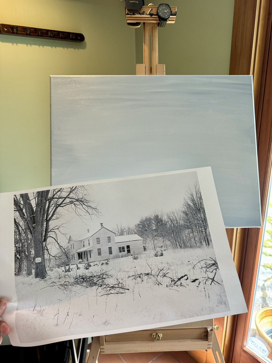 Day 1 of painting serial killer, Ed Gein’s farmhouse. I’m intentionally painting the whole thing very monotone… And at the very end I’m gonna have a single light on in one window that will be the brightest point in the painting.