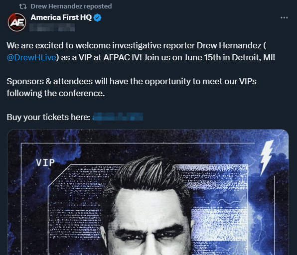 Turning Point USA contributor Drew Hernandez is slatted to appear as a 'VIP' at a conference hosted by white nationalist and antisemite Nick Fuentes next month. This is the kind of thing that used to be a red line for TPUSA. Curious to see if there's any fallout from the org