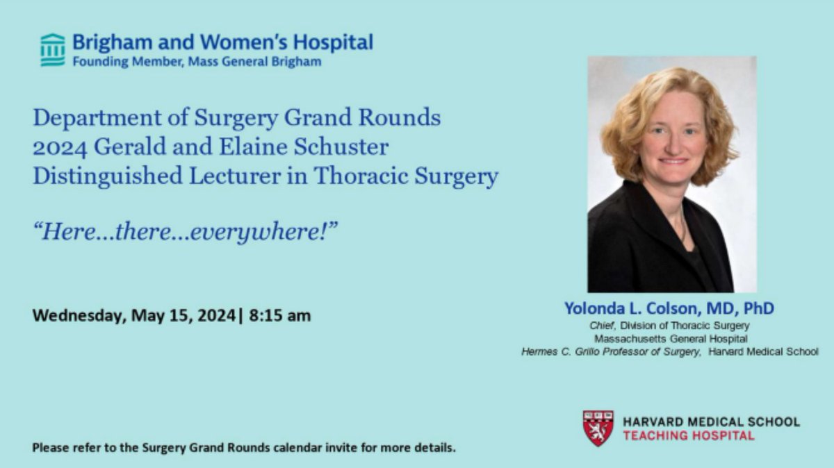 Dr. Yolonda Colson, Chief of Thoracic Surgery, will present at BWH Department of Surgery Grand Rounds this Wednesday at 8:15 a.m.