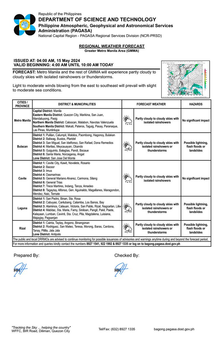 REGIONAL WEATHER FORECAST for GREATER METRO MANILA AREA (GMMA) #NCR_PRSD Issued at: 4:00 AM, 15 May 2024 Valid Beginning: 4:00 AM - 10:00 AM today pubfiles.pagasa.dost.gov.ph/ncrprsd/pf3.pdf