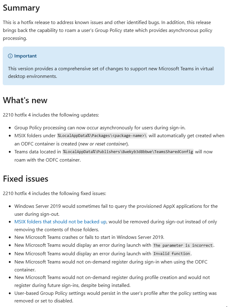 Download Microsoft FSLogix 2210 hotfix 4 (2.9.8884.27471) learn.microsoft.com/en-us/fslogix/… < Teams fixes