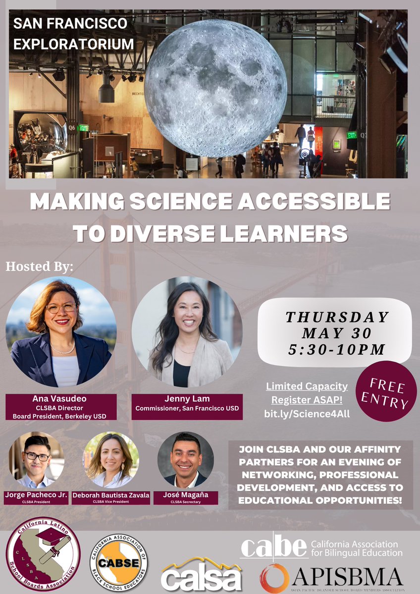 Have you RSVP'd to join us for a great evening filled with science, insights and opportunities at the SF @exploratorium?🙌🏽🔬 Come connect and network with our amazing affinity partners @CALSAfamilia, @CABEBEBILINGUAL, @CABSE_, and @APISBMA. docs.google.com/forms/d/e/1FAI…