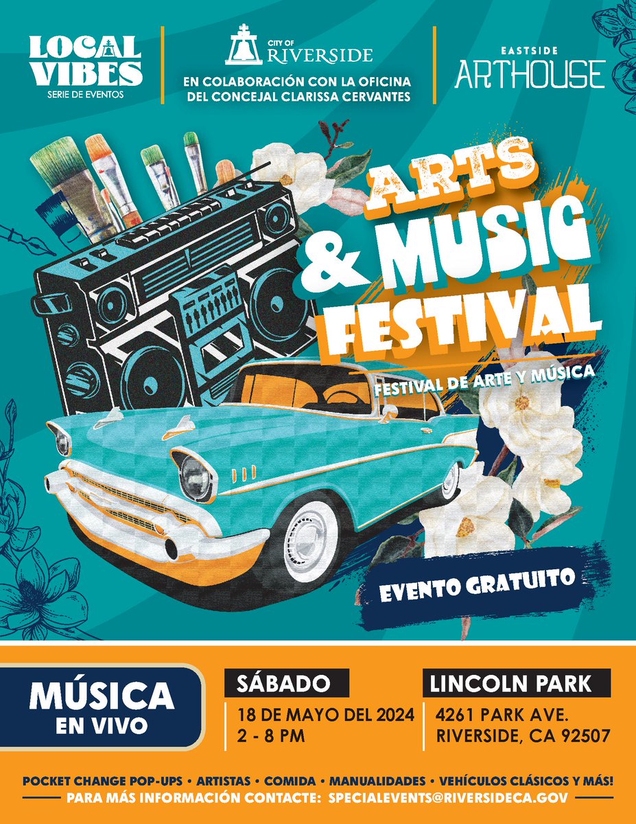Get ready to vibe, groove, and feast at the Arts & Music Festival happening at Lincoln Park: 🎨: Saturday, May 18 🎨: 4261 Park Ave. 🎨: 2:00pm - 8:00pm Bring a chair or blanket and join us for a day filled with local vibes and endless fun! More Info: RiversideCA.gov/LocalVibes