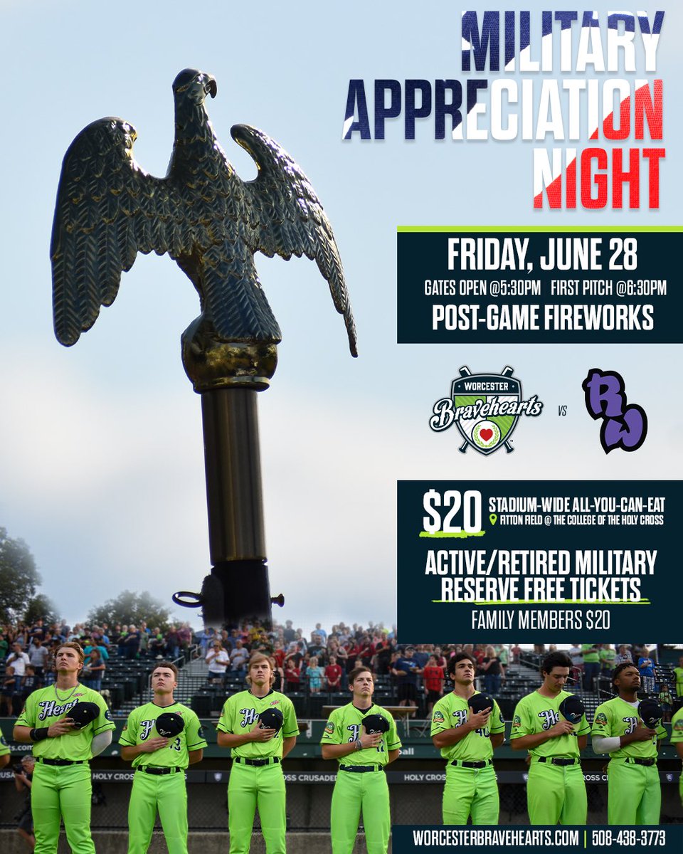 Join us for Military Appreciation Night at Fitton Field on Friday, June 28!🫡🇺🇸 Active & retired military can reserve free All-You-Can-Eat tickets featuring post-game fireworks! 🎆 🎟️bit.ly/WBBuyTickets