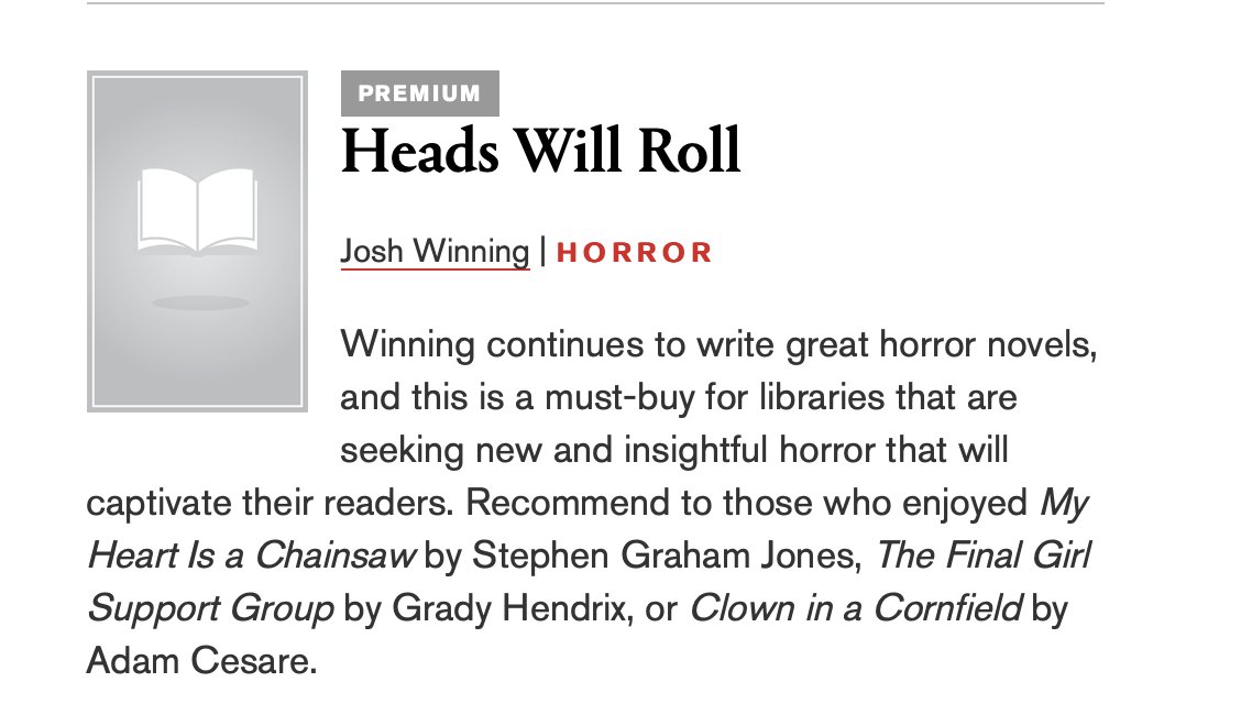 Thanks so much @LibraryJournal for this stonking review of HEADS WILL ROLL. Honoured to be mentioned in the same breath as some of my all-time favourite authors. 🖤🪓🌈 libraryjournal.com/review/heads-w…