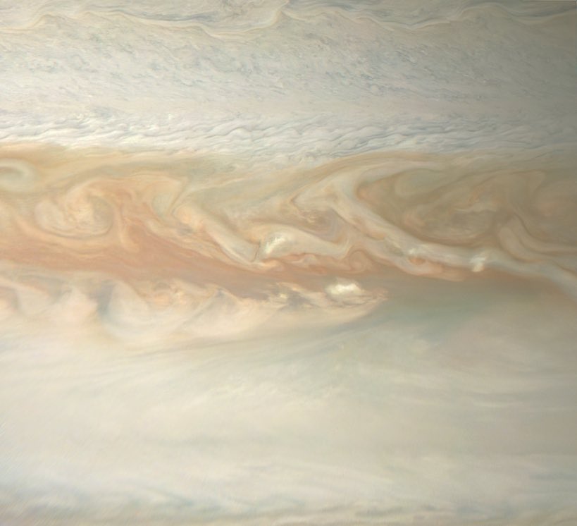 A view of Jupiter’s North Temperate Belt, processed using four images taken by the Juno spacecraft on May 12th. Featured is a hotspot and some seemingly related white popup cloud systems. The planet’s equator comprises the bottom third. NASA/JPL/SwRI/MSSS/Kevin M. Gill