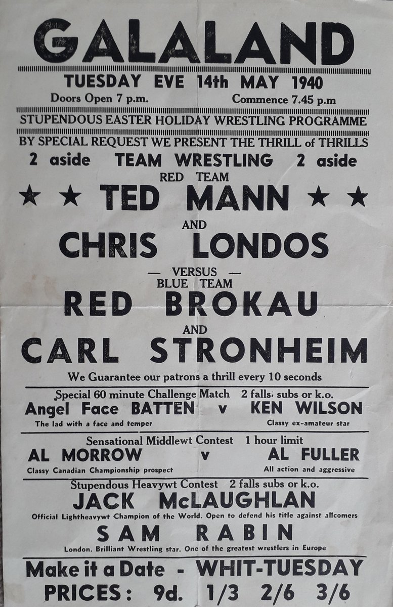 Flyer for a night of wrestling in Birminghamon 14 May 1940 #OnThisDay 84 years ago ... Includes a '2 aside team wrestling' main event, and they 'guarantee our patrons a thrill every 10 seconds'! @ostpies @RealErnestARS @wrestlingcardz @SheriffLonestar @SirLARIATO