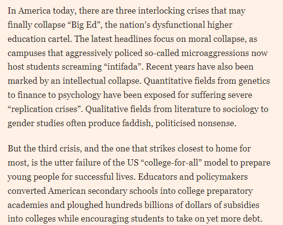 1/ As I write in today's @FT, it’s conservatives that should be storming the ivory tower. The perfect storm of moral, intellectual, and economic collapse in American higher education presents an ideal political target and an opportunity for serious, high-impact reform.