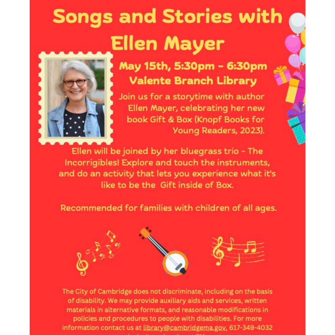 Ellen Mayer (@ellenmayerbooks) on Twitter photo Tomorrow 5/15 5:30 pm at the Valente Branch Library in #CambridgeMA. Storytime! Singalong! Book signing! #Library #picturebook <a href="/cambridgepl/">Cambridge Public Library</a> Tomorrow 5/15 5:30 pm at the Valente Branch Library in #CambridgeMA. Storytime! Singalong! Book signing! #Library #picturebook <a href="/cambridgepl/">Cambridge Public Library</a>